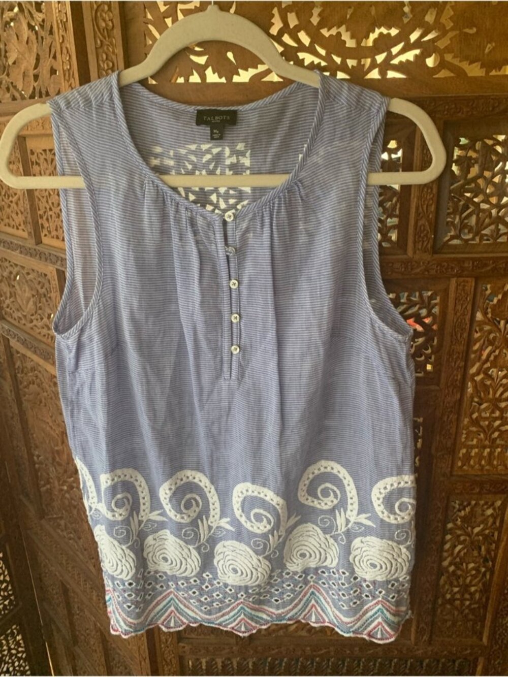 Talbots Light Blue Striped Sleeveless Henley with White Embroidery